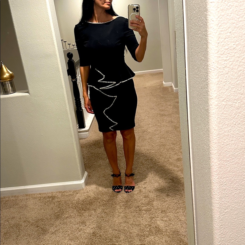 Backless Elegant Black Peplum Skirt with Pearl Accents